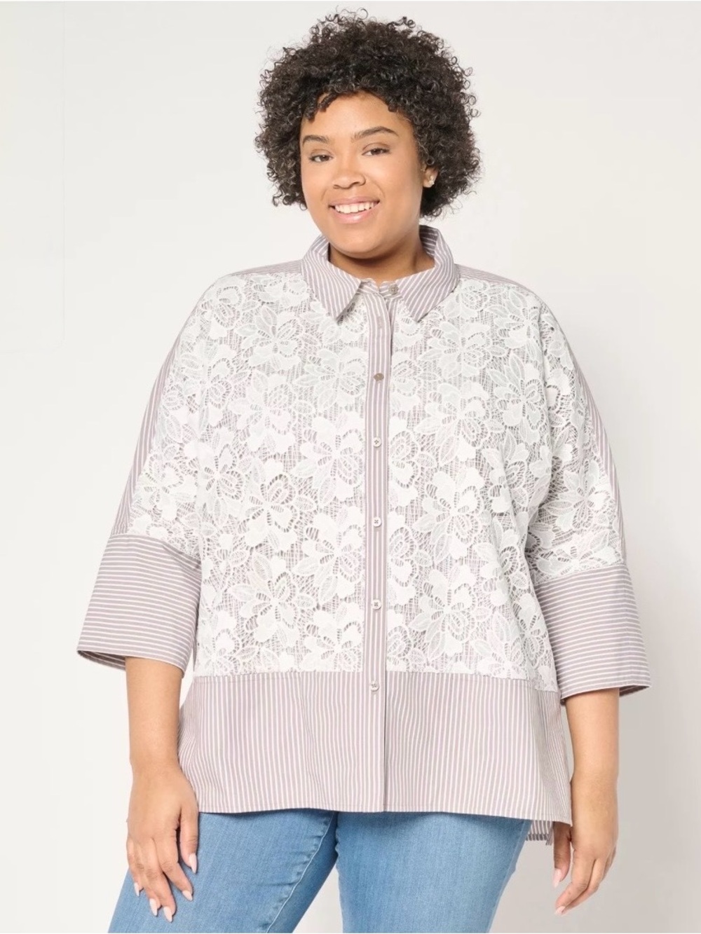 LOGO Lavish Lori Goldstein Lace Front Relaxed Poplin Shirt White Gray Size 3X